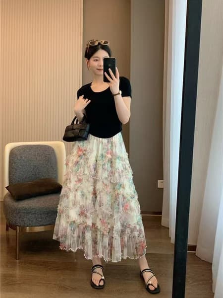 Heavy Industry Nail Beads Floral Medium-Length Pure and Fresh Style Cake Skirt 2025 Summer and Autumn New