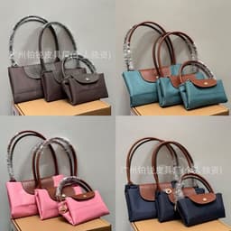 Folding nylon capacious waterproof bag, one-shoulder bag, genuine leather, with embroidery 4