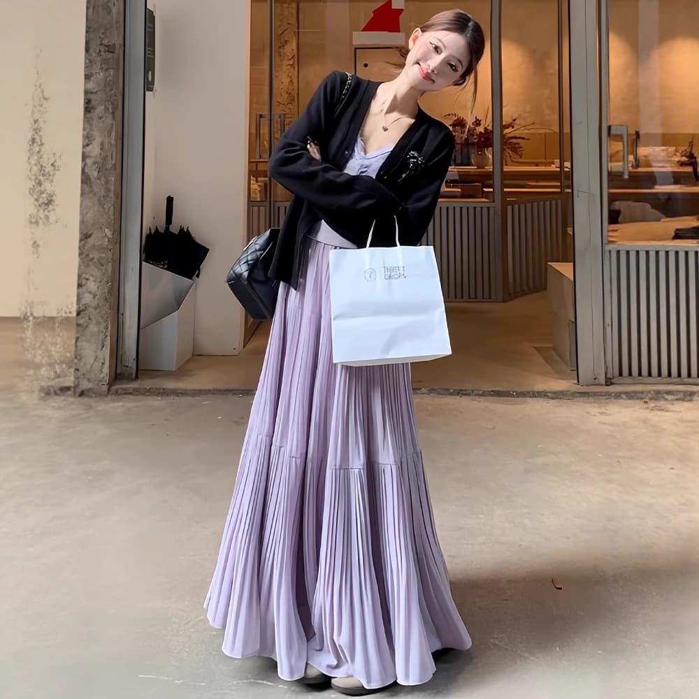 Purple shiffon fitted long skirt, high waist, for teenagers, A-line, mid length