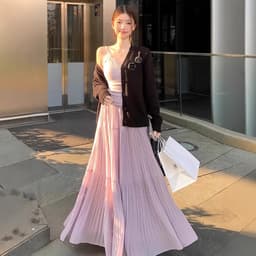 Purple shiffon fitted long skirt, high waist, for teenagers, A-line, mid length 2