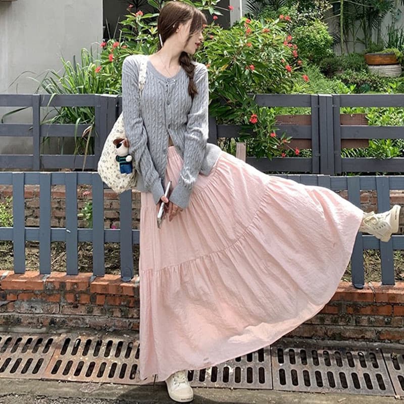 Fitted long fuchsia autumn summer long skirt, high waist, A-line, for teenagers